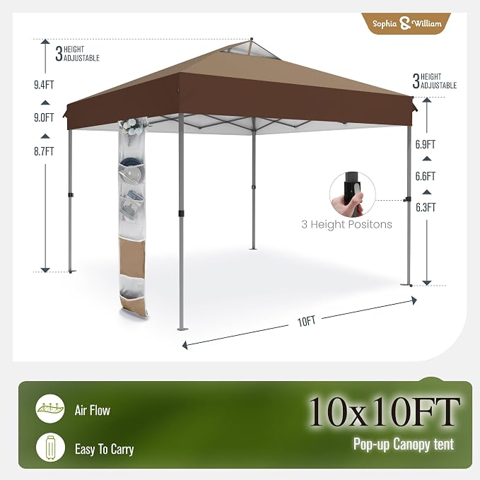 Sophia & William Canopy Tent Pop Up 10x10 ft, One Person Push Set Up Tent - Image 3