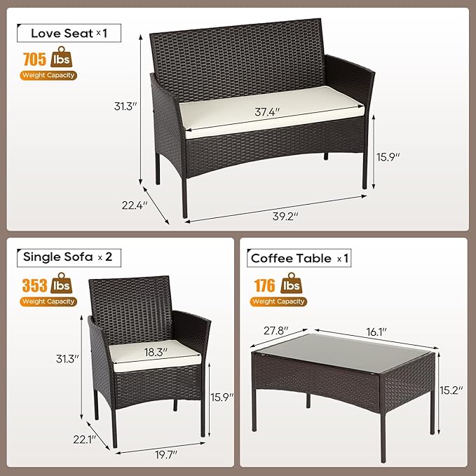 FDW | 4-Piece Patio Furniture Set | Brown | Outdoor Wicker Furniture - Image 7