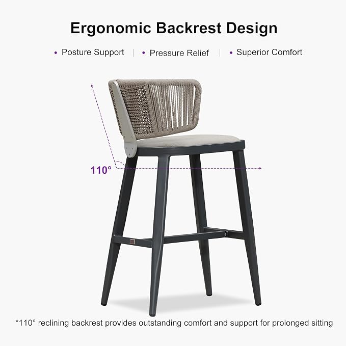 PURPLE LEAF Outdoor Bar Height Stool Set of 2 Modern Rattan Bar Chairs - Image 2