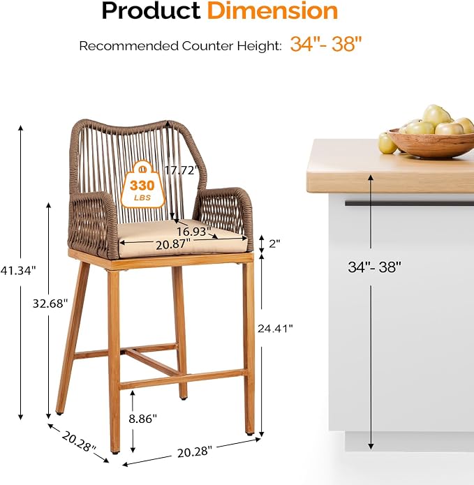 VINGLI Outdoor Counter Height Bar Stools Set of 4, Rattan Outdoor Barstools - Image 3