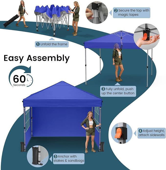 Pop Up Canopy Tent with Sidewalls, 10x10ft 10 Person Party Tent One Push Setup - Image 4