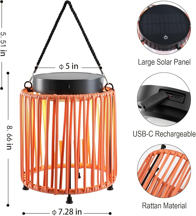 Solar Lanterns Outdoor Waterproof IP54, Handwoven Wicker Outdoor Table Lamps - Image 3