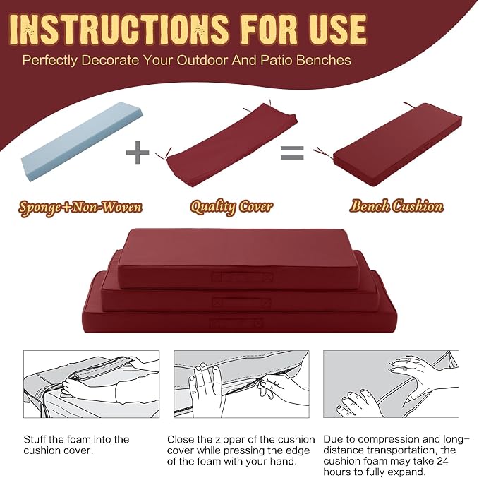 Outdoor Bench Cushion 4 inches Memory Foam Waterproof Patio Furniture Bench - Image 5