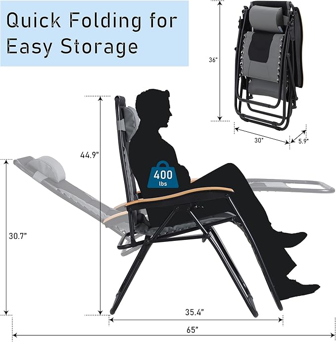 PHI VILLA XXL Oversized Padded Zero Gravity Chair Set of 2, Foldable Patio - Image 3