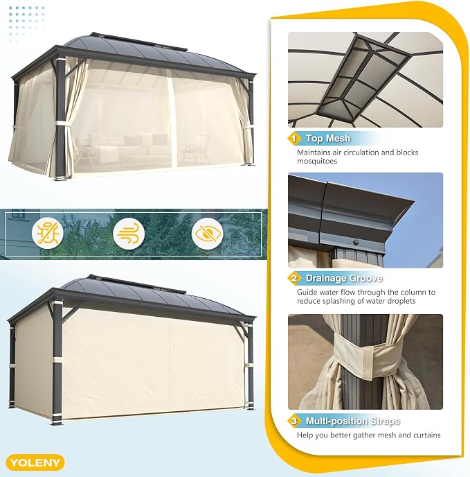 YOLENY 12'x16' Hardtop Gazebo, Permanent Outdoor Aluminum Patio Gazebo - Image 3