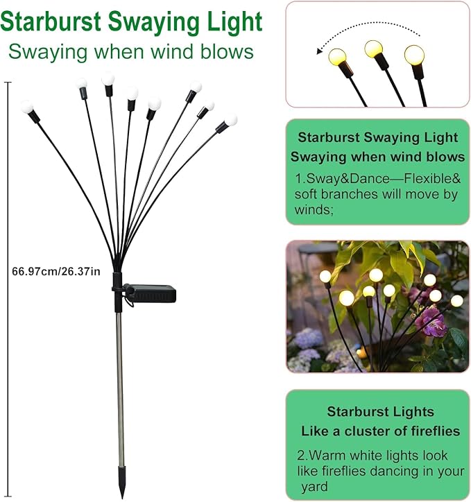 Solar Garden Lights Outdoor, 2 Pack 20 LED Solar Firefly Lights Waterproof - Image 2