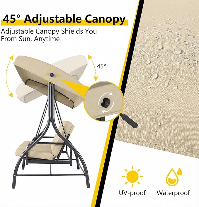 MAMIZO 3-Seat Patio Swing with Adjustable Canopy & Backrest, Outdoor Porch - Image 3