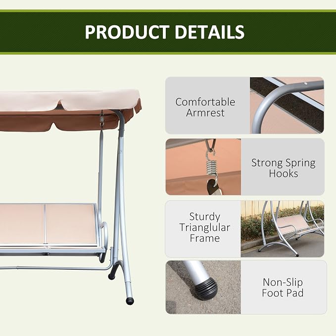 Outsunny 3-Seat Outdoor Porch Swing Chair, Patio Swing Glider - Image 5