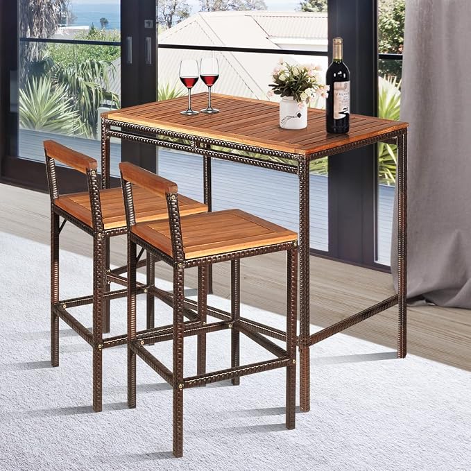 RELAX4LIFE 3-Piece Outdoor Bar Table Set, PE Rattan Wicker Bar Height Dining - Image 7