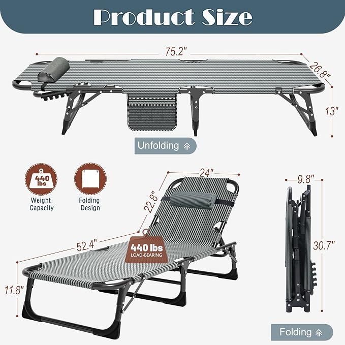 DoCred Heavy Duty Chaise Lounge Chair, Adjustable 5-Position Folding Chaise - Image 3