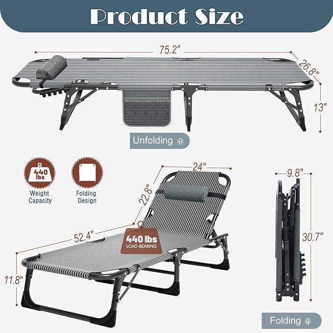 DoCred Heavy Duty Chaise Lounge Chair, Adjustable 5-Position Folding Chaise - Image 8