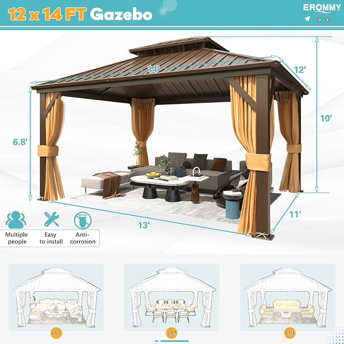EROMMY 12' x 14' Hardtop Gazebo, Aluminum Frame Gazebos - Image 2