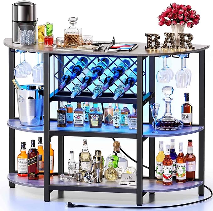 Zarler Bar Cart with Power Outlet Easy to Assemble, LED Home Bar Cabinet by ZarlerOfficial