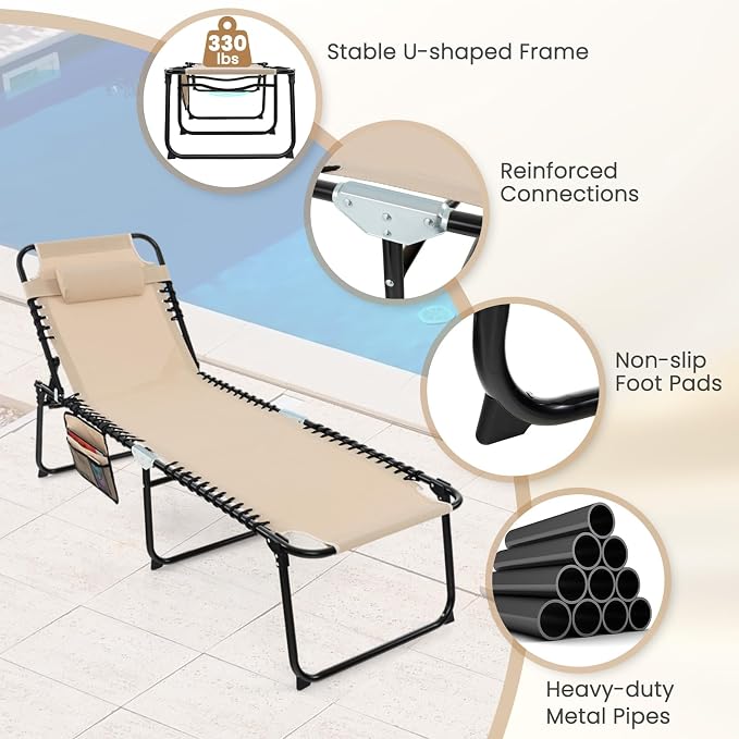 GYMAX Lounge Chairs for Outside, Extra High Folding Beach Tanning Lounger - Image 7