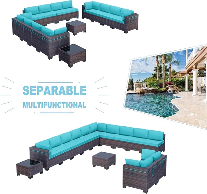 Kullavik 14 Pieces Outdoor Patio Furniture Set, Sectional Rattan Sofa Set Brown - Image 5
