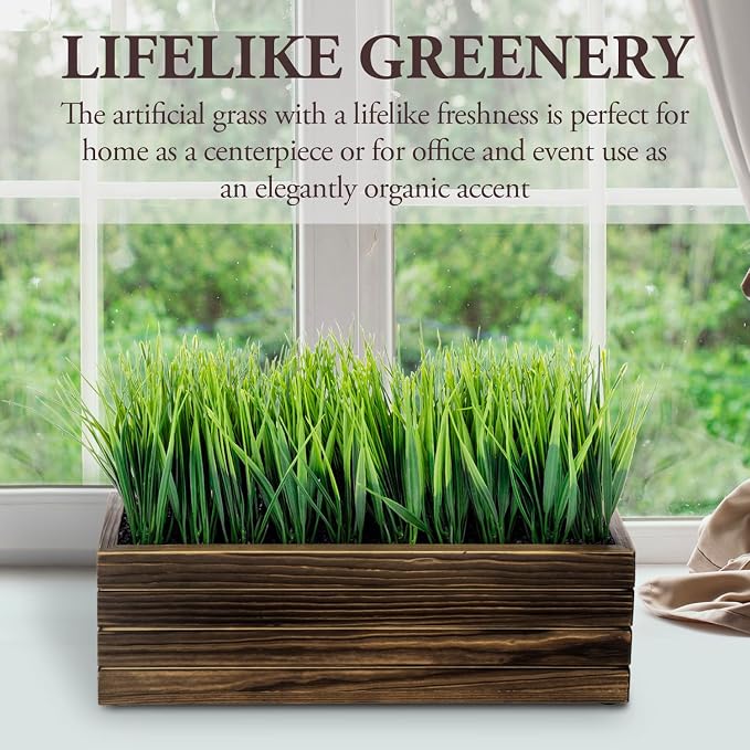 MyGift 14 Inch Artificial Green Grass Plant in Rustic Burnt Solid Wood - Image 3