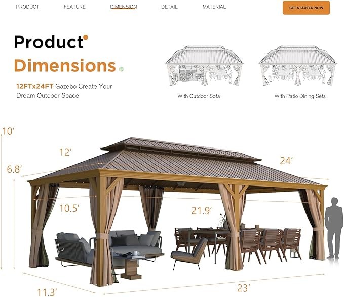 EROMMY 12'x24' Hardtop Gazebo, Galvanized Steel Double Roof - Image 2