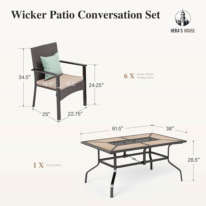 HERA'S HOUSE Patio Dining Sets for 6, Outdoor Rattan Chairs and Wood-Like Table - Image 7