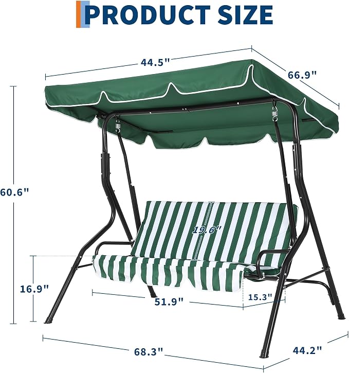 Outdoor Patio Swing Chair with Adjustable Canopy 3-Seat Heavy-Duty Steel Frame - Image 2