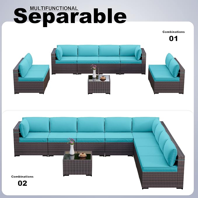 Kullavik 9 Pieces Outdoor Patio Furniture Set, Sectional Rattan Sofa Set Brown - Image 5