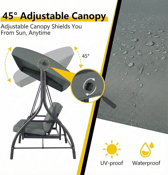 MAMIZO 3-Seat Patio Swing with Adjustable Canopy & Backrest, Outdoor Porch - Image 3