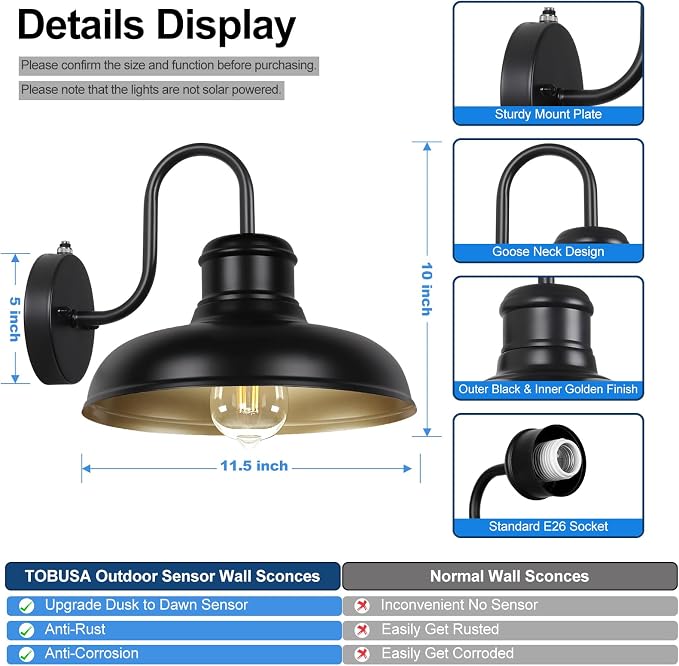 TOBUSA 2-Pack Dusk to Dawn Outdoor Wall Light Fixtures, Waterproof Farmhouse - Image 5