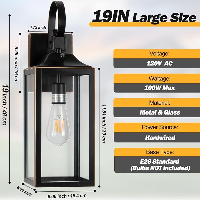 19" Dusk to Dawn Outdoor Lighting 2 Pack, Large Dusk to Dawn Outdoor Wall Lights - Image 2