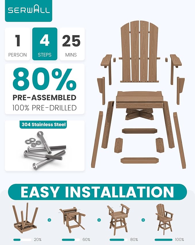 SERWALL Swivel Adirondack Barstools Set of 2, HDPE Outdoor Swivel Bar Chairs - Image 6