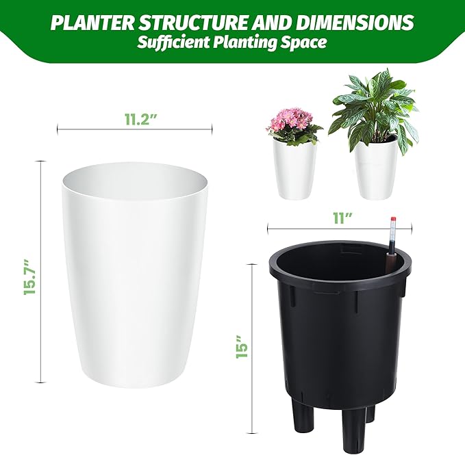 16 in Tall Planters Set of 2, Plant Pots, Self Watering Pots - Image 2
