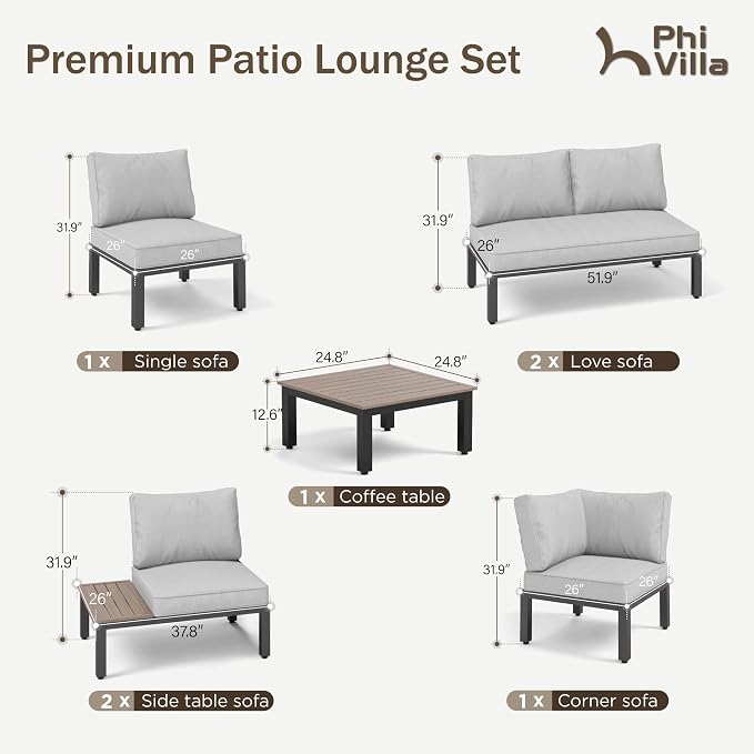 PHI VILLA 7 Pieces Outdoor Patio Furniture Set, Metal Frame Modern Outdoor - Image 8