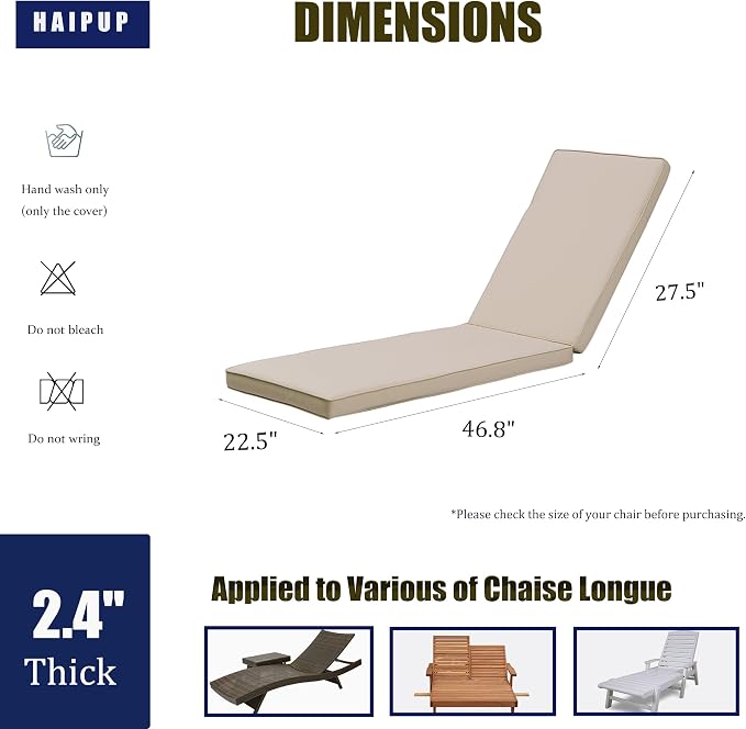 2-Pack Chaise Lounge Chair Cushions, Waterproof/Fade Resistant, Outdoor Indoor - Image 3