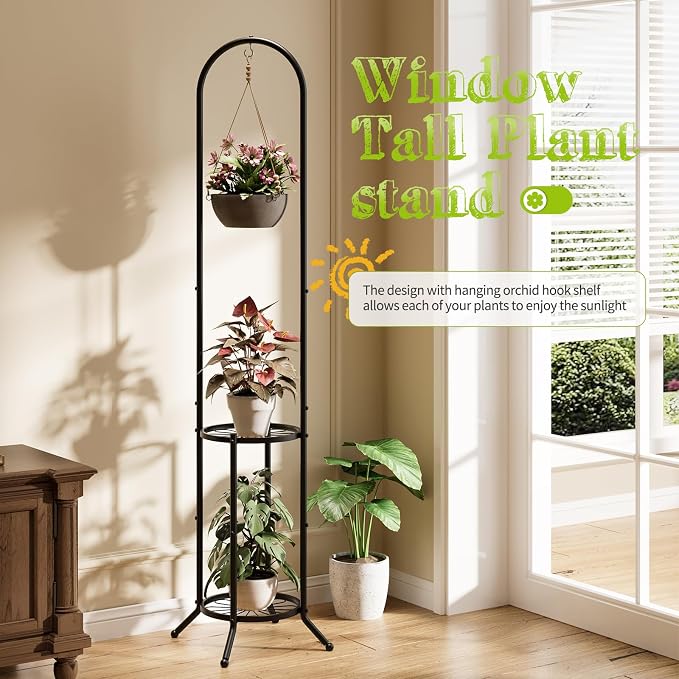 BMOSU Plant Stand with Hooks Indoor Outdoor Corner Tall Plant Stand Heavy-Duty - Image 3