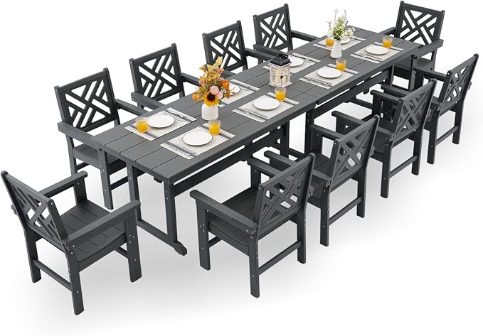 HDPE Dining Table Set for 10, 12-Piece Outdoor Table and Chairs Include 10 by Unknown