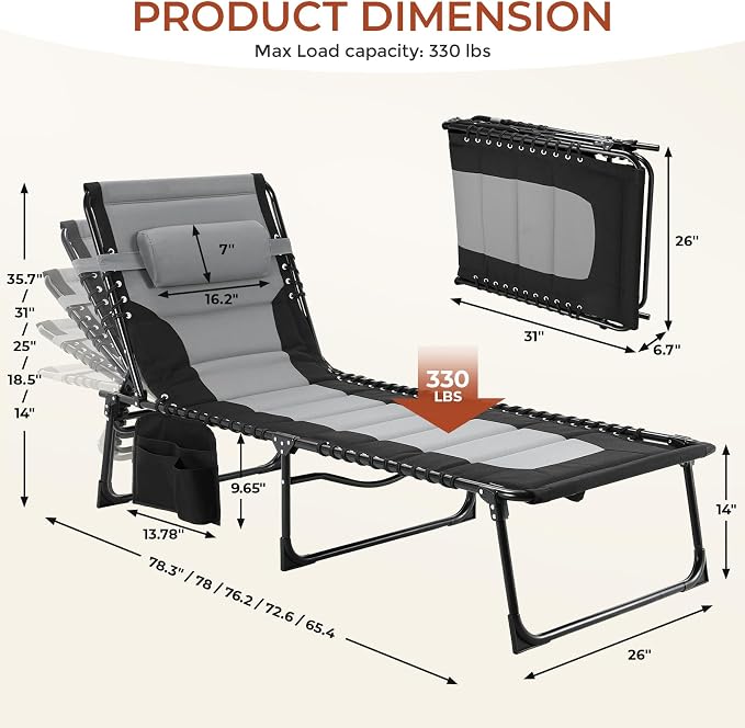 TLSUNNY Padded Folding Lounge Chair, Portable Reclining Chair - Image 3