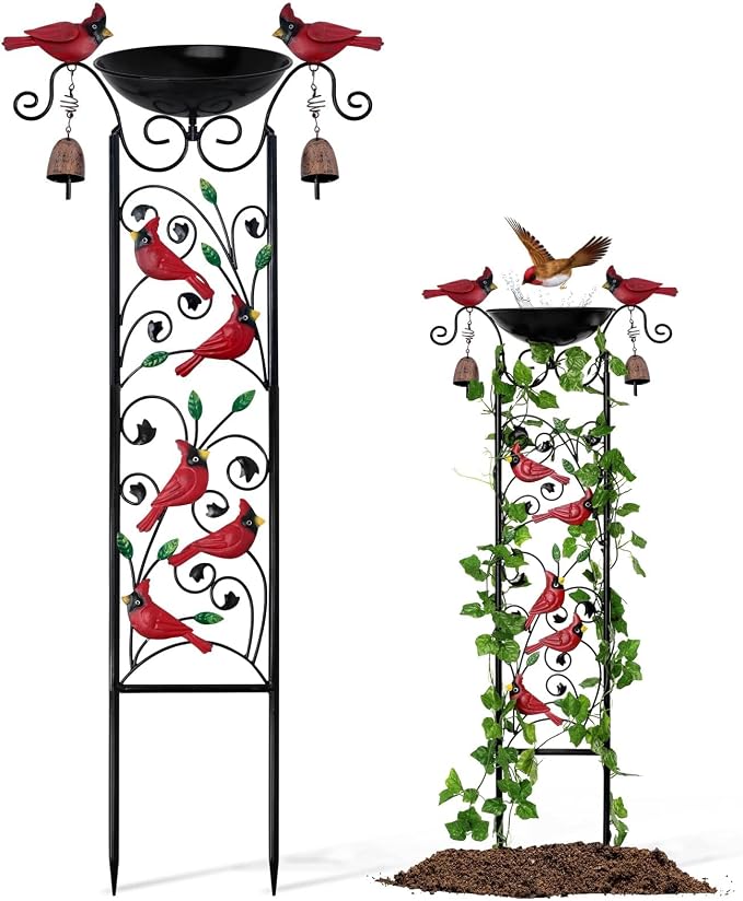 Cardinal Bird Bath Garden Trellis by Qmetalart
