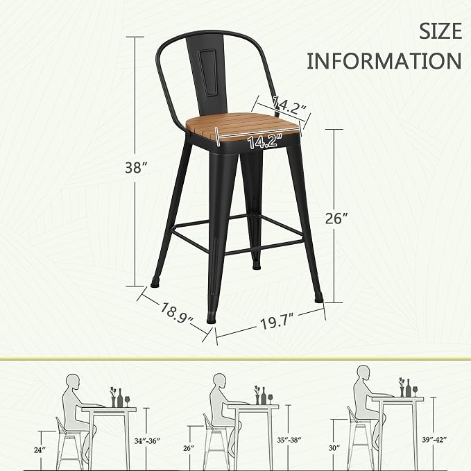 Outdoor Metal Bar Stools Set of 4, 26 inch Barstools Counter Height Bar Stool - Image 3