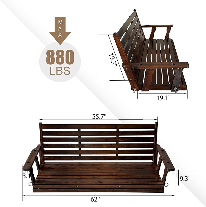 Wooden Porch Swing, Ergonomic Seat, Bench Swing - Image 2
