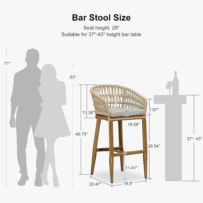 PURPLE LEAF Outdoor Rattan 29" Bar Stools Set of 2, Modern Boho Aluminum Patio - Image 3