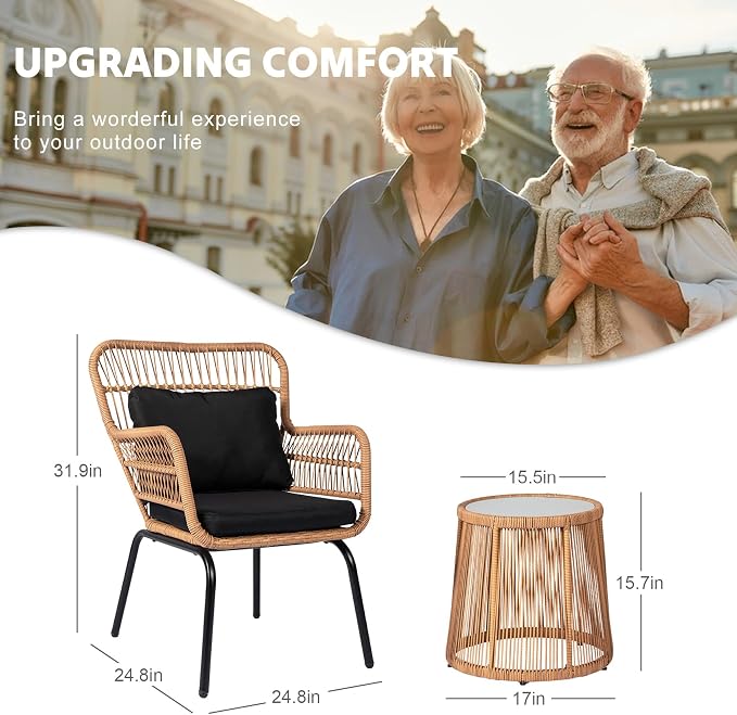 3 Piece Outdoor Wicker Furniture Bistro Set, Rattan Chairs Conversation Sets - Image 5