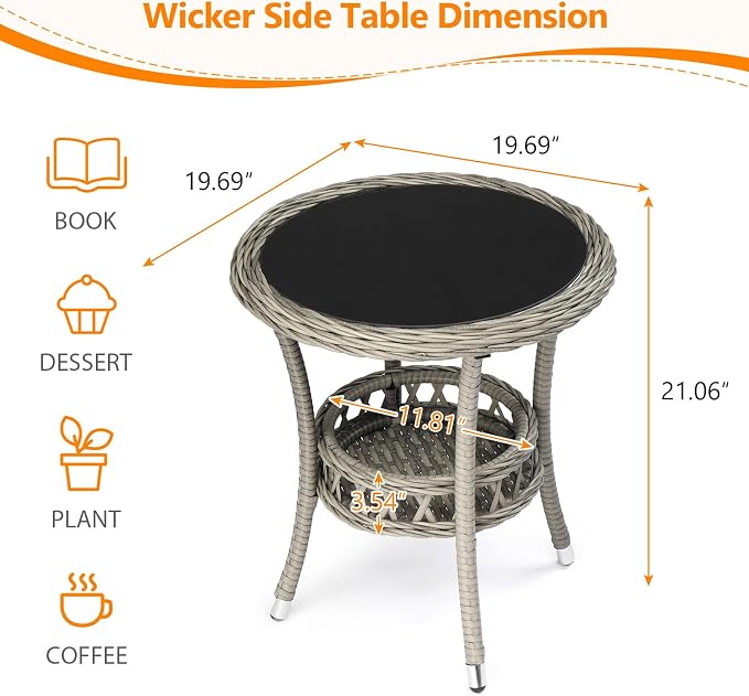 VINGLI Outdoor Wicker Side Table, Patio Side Tables - Image 3