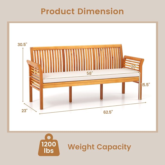 HAPPYGRILL 3-Person Outdoor Bench Acacia Wood Porch Bench, Garden Bench - Image 2