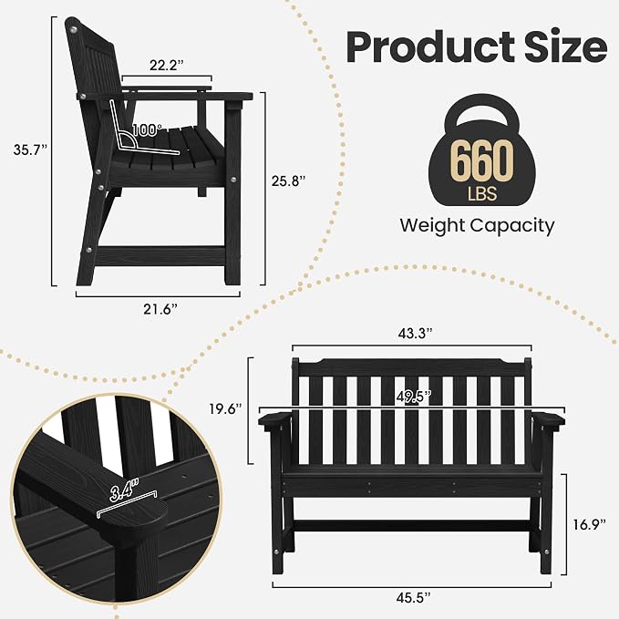 Ciokea 49" Heavy Duty Outdoor Bench, HDPE Weatherproof Porch Benches, Durable - Image 2