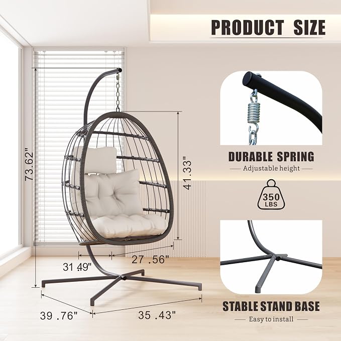 HWB Hanging Egg Chair with Stand, Swing Hammock Chair with Cushion - Image 2