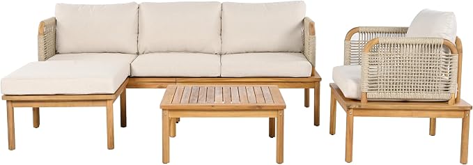 4-Piece Acacia Wood and Rope Patio Sofa Set, Outdoor Conversation Set - Image 5
