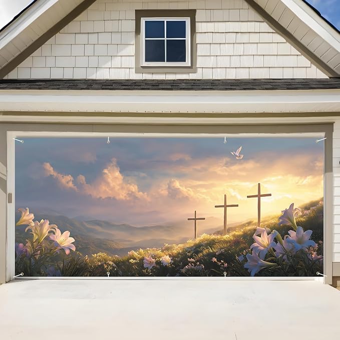 ANNA QUEEN Easter Cross Garage Door Banner 6x13FT, Sunrise Mountain Crosses by ANNAQUEEN