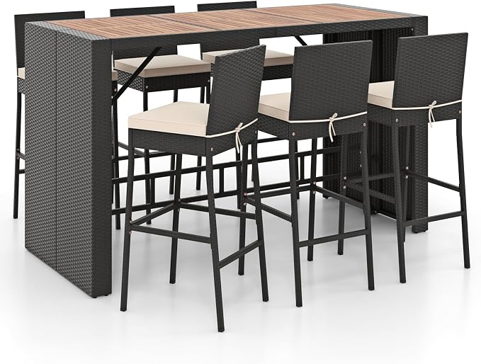 COSTWAY 7 PCS Patio Rattan Wicker Bar Set, Footrest and Cushion, Outdoor Table - Image 8
