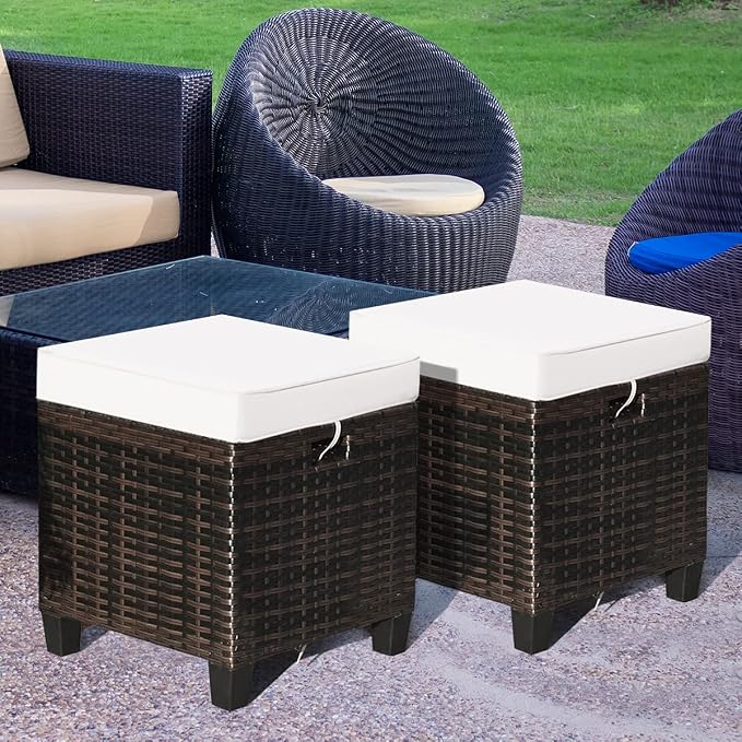2PCS Patio Outdoor Ottomans, Rattan Wicker Ottoman Seat w/Removable Cushions - Image 2