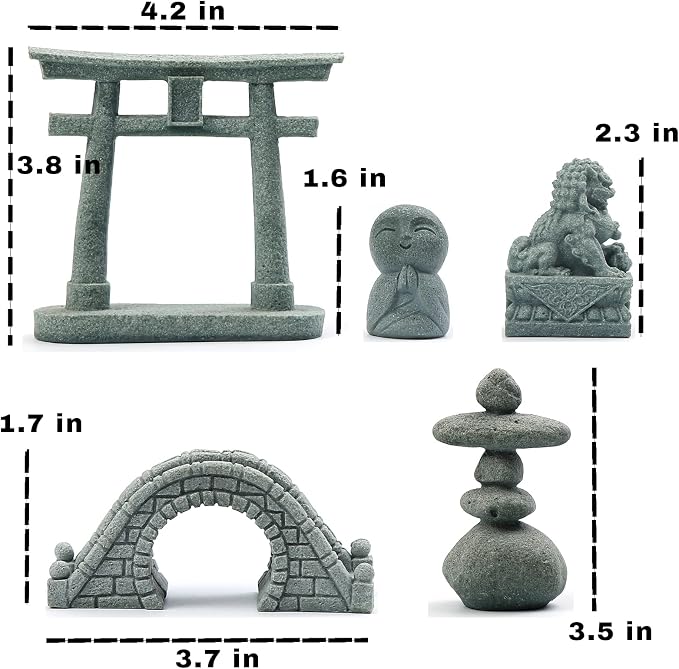 6 PCS Mini Zen Garden Accessories, Miniature Garden Bridge Foo Dogs Torii Gate - Image 2