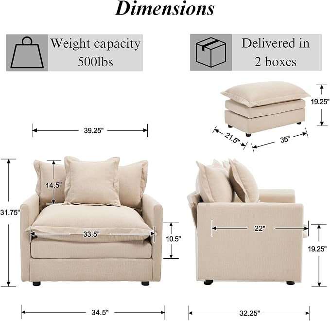 Oversized Chair with Ottoman Upholstered Comfy Single Sofa Chaise Lounge Chair - Image 2