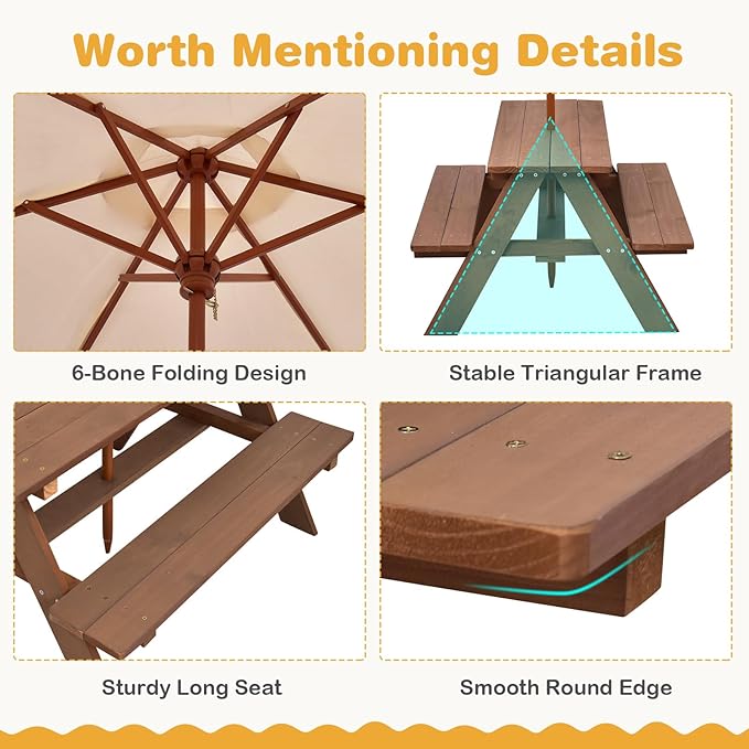 HONEY JOY Kids Picnic Table, Outdoor Wooden Bench Set w/Removable Umbrella - Image 5